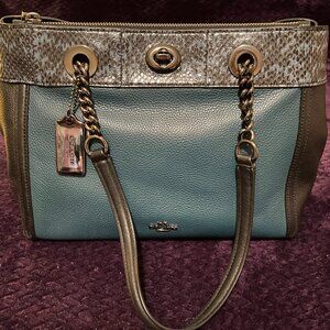 COACH Edie Turnlock Teal & Black Pebble Leather Carryall